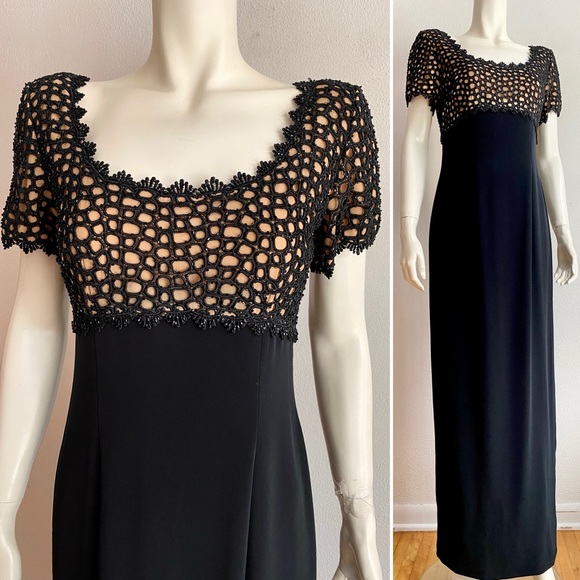 OLEG CASSINI DRESS Black Tie Long Evening Gown Side Slit Crepe Beaded Empire S/M - Picture 1 of 10